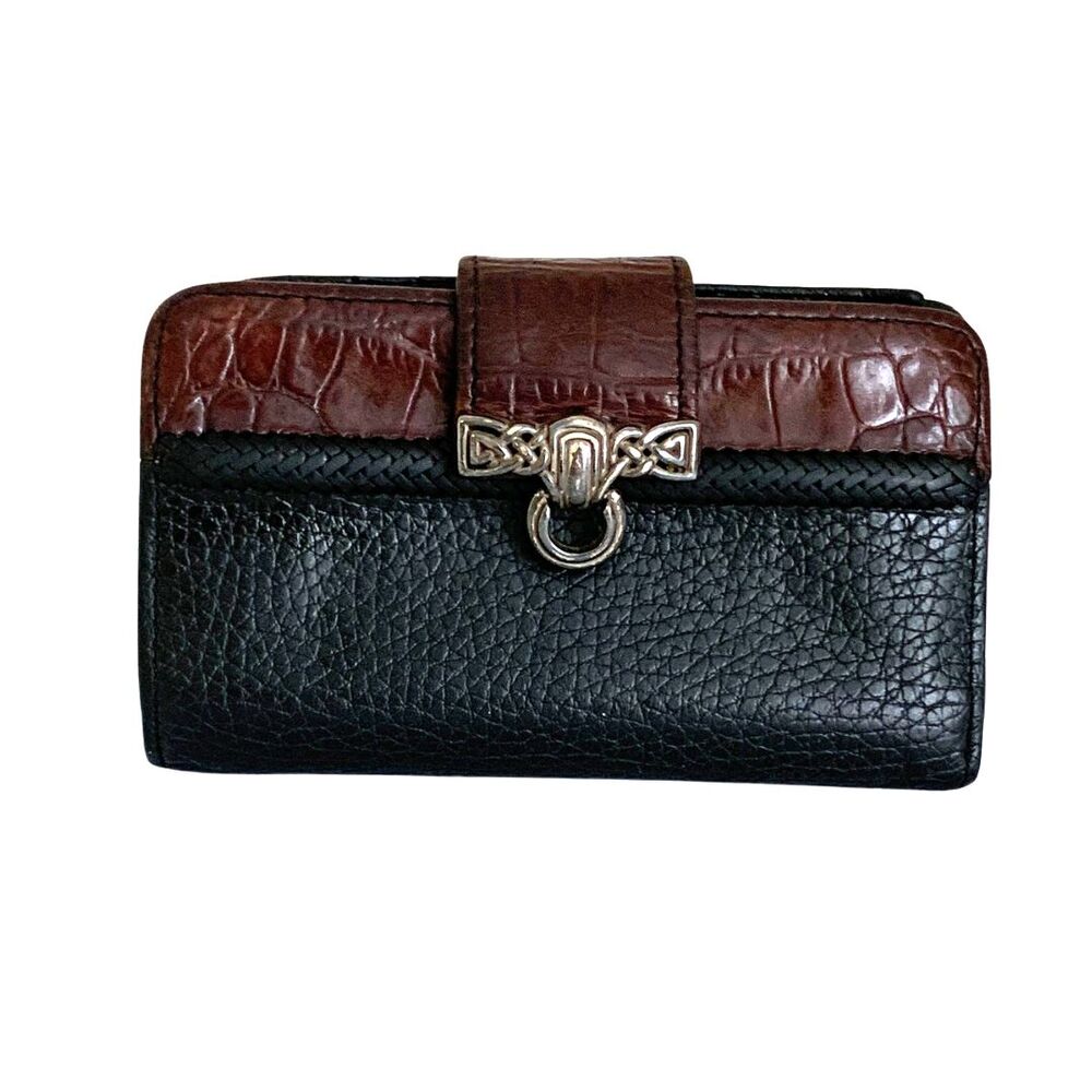 Vintage Brighton Black & Brown Leather Wallet Croc Embossed Snap Closure Compact